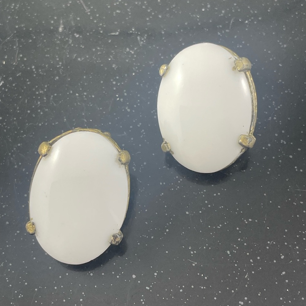 Elegant White Milk Glass Oval Earrings